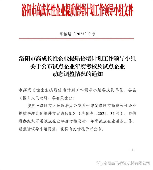 喜報——熱烈祝賀我司成為洛陽市高成長性企業(yè)提質(zhì)倍增計劃試點企業(yè)